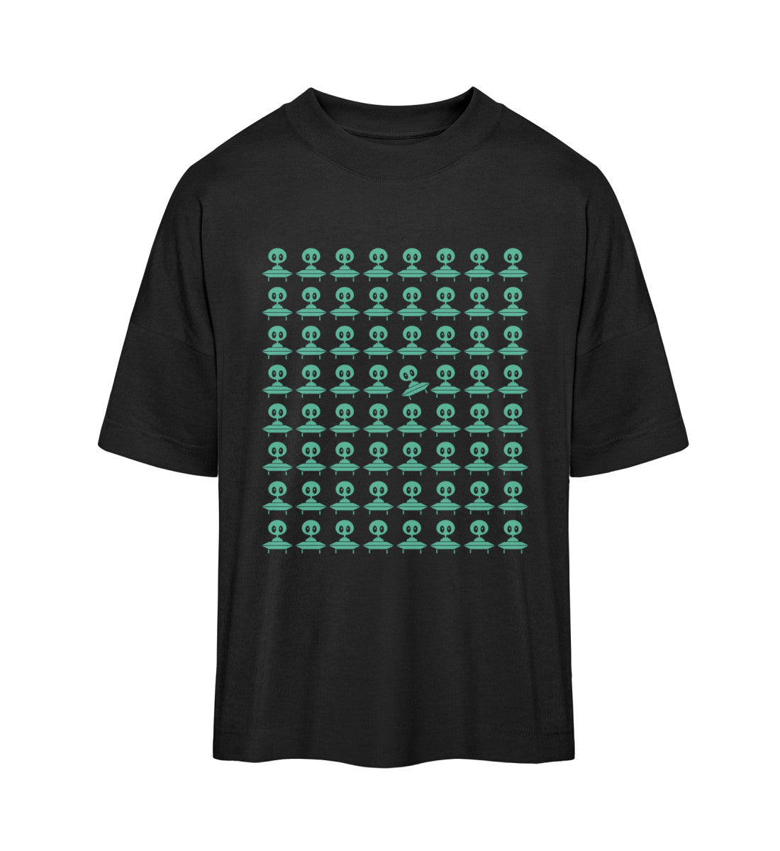 Schwarzes T-Shirt Unisex Oversize Fit für Frauen und Männer bedruckt mit dem Design der Roger Rockawoo Kollektion Space Invaders Property