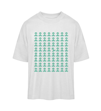 Weißes T-Shirt Unisex Oversize Fit für Frauen und Männer bedruckt mit dem Design der Roger Rockawoo Kollektion Space Invaders Property