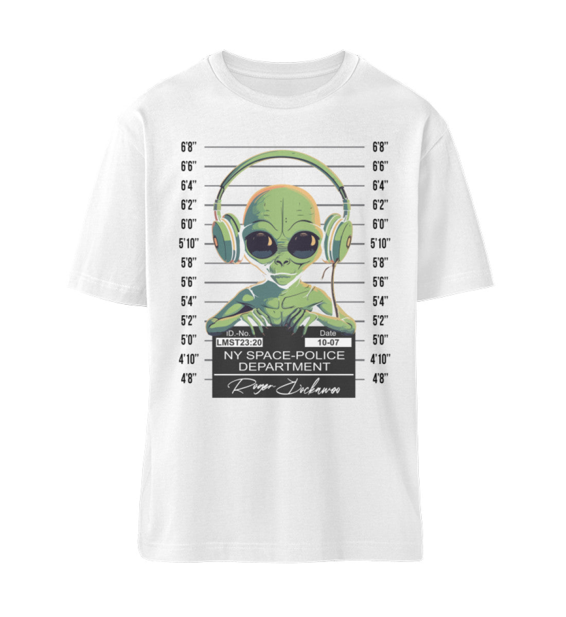 Weißes T-Shirt Unisex Relaxed Fit für Frauen und Männer bedruckt mit dem Design der Roger Rockawoo Kollektion alien space police mugshot