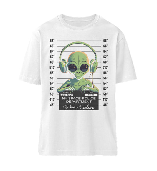 Weißes T-Shirt Unisex Relaxed Fit für Frauen und Männer bedruckt mit dem Design der Roger Rockawoo Kollektion alien space police mugshot