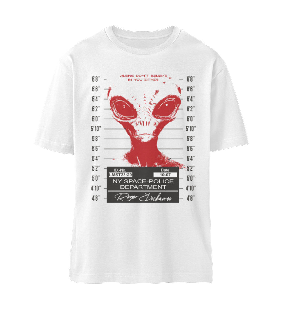 Weißes T-Shirt Unisex Relaxed Fit für Frauen und Männer bedruckt mit dem Design der Roger Rockawoo Kollektion alien space police mugshot