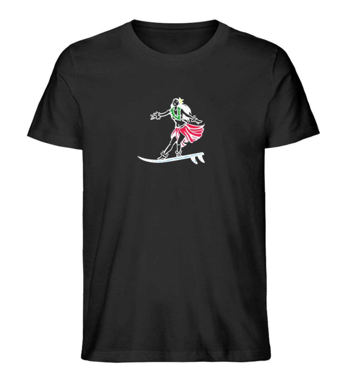 Schwarzes T-Shirt für Frauen und Männer bedruckt mit dem Design der Roger Rockawoo surf get wet
