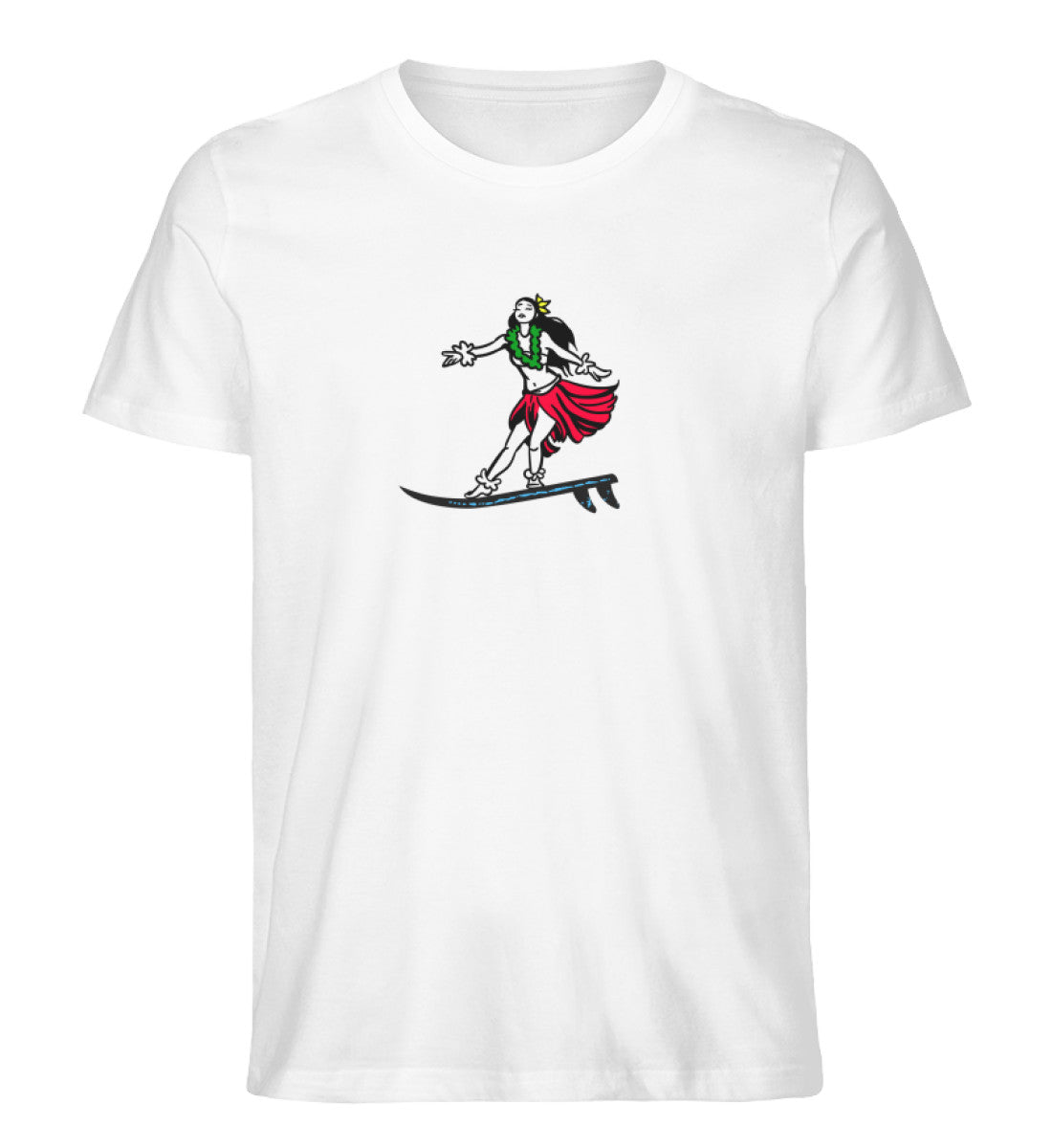 Weißes T-Shirt für Frauen und Männer bedruckt mit dem Design der Roger Rockawoo Kollektion surf get wet