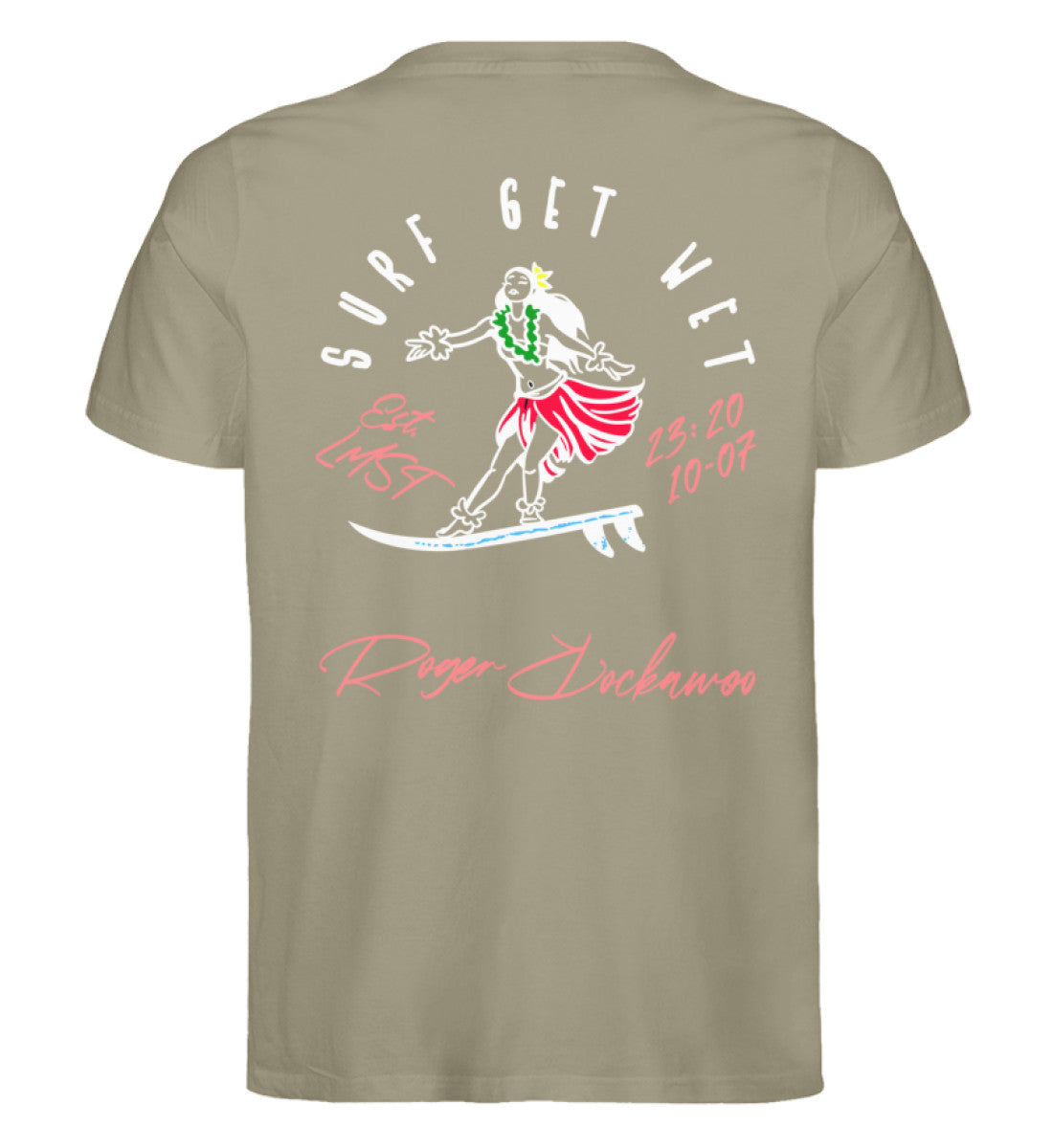 Khaki T-Shirt für Frauen und Männer bedruckt mit dem Design der Roger Rockawoo surf get wet