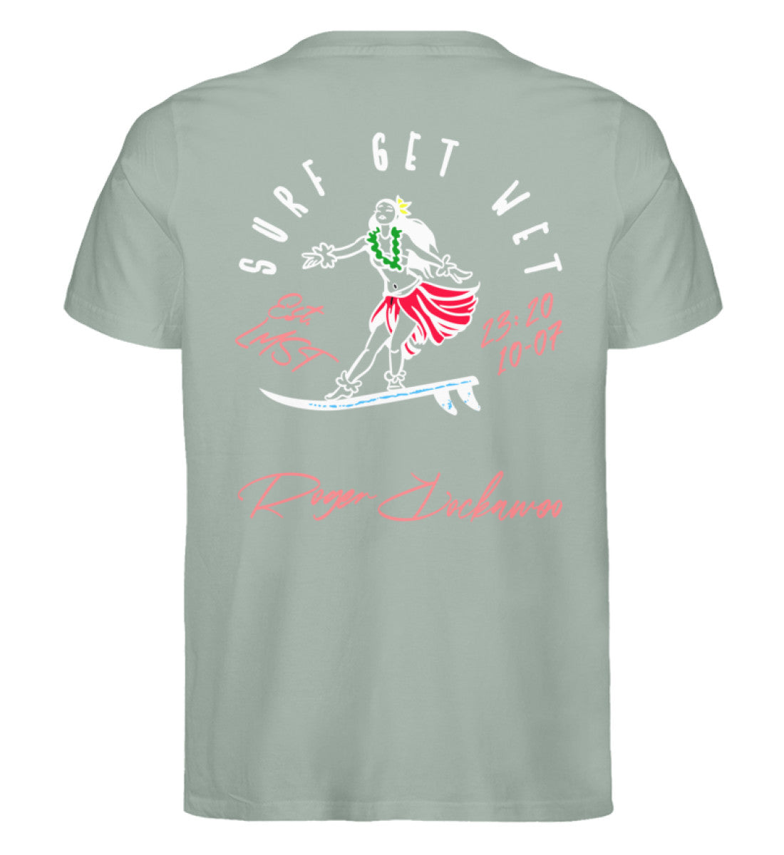 Aloe farbiges T-Shirt für Frauen und Männer bedruckt mit dem Design der Roger Rockawoo surf get wet