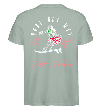 Aloe farbiges T-Shirt für Frauen und Männer bedruckt mit dem Design der Roger Rockawoo surf get wet