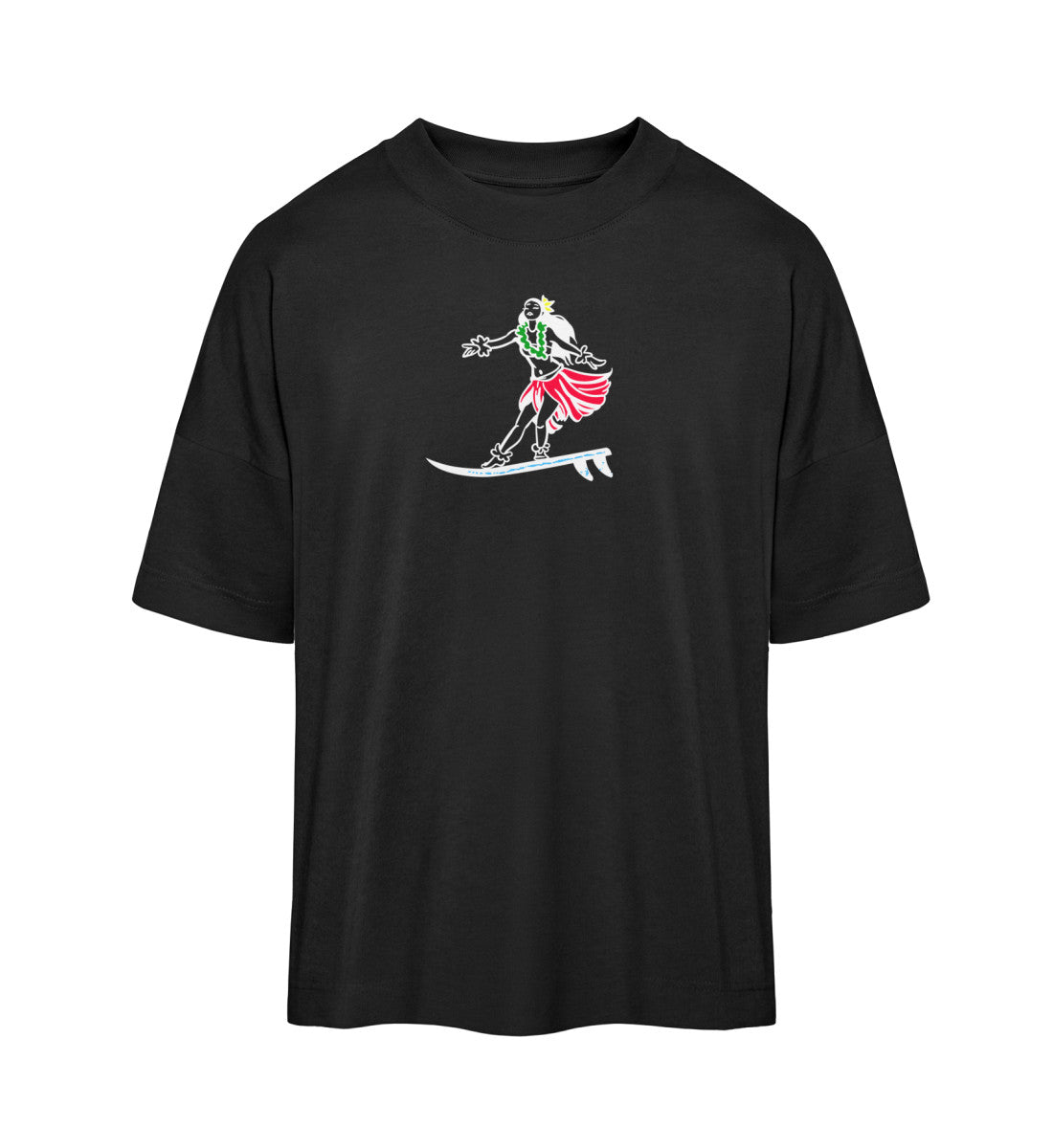 Schwarzes T-Shirt Unisex Oversize Fit für Frauen und Männer bedruckt mit dem Design der Roger Rockawoo Kollektion Surf get wet