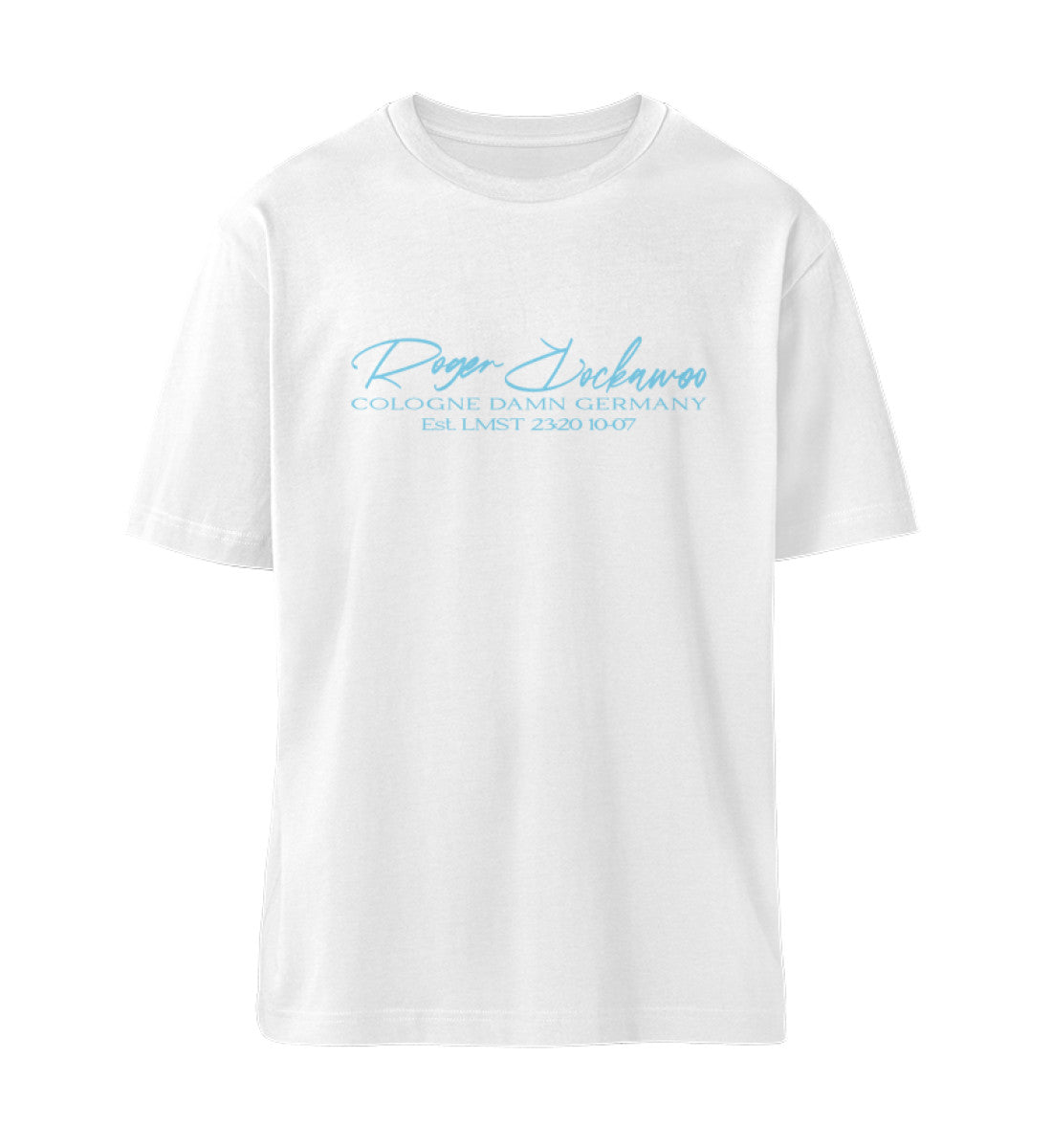 Weißes T-Shirt Unisex Relaxed Fit für Frauen und Männer bedruckt mit dem Design der Roger Rockawoo Kollektion surf shredding community