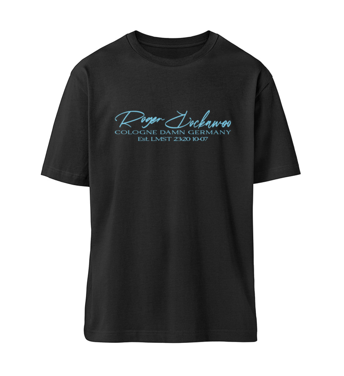 Schwarzes T-Shirt Unisex Relaxed Fit für Frauen und Männer bedruckt mit dem Design der Roger Rockawoo Kollektion surf shredding community