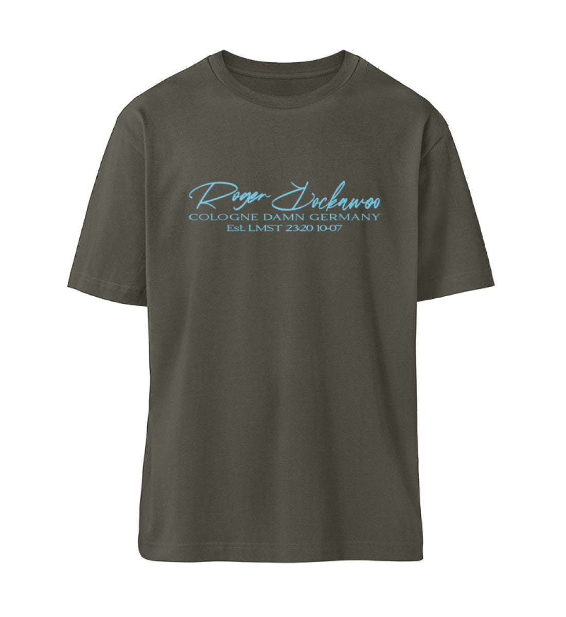 Khaki farbiges T-Shirt Unisex Relaxed Fit für Frauen und Männer bedruckt mit dem Design der Roger Rockawoo Kollektion if the beach could talk