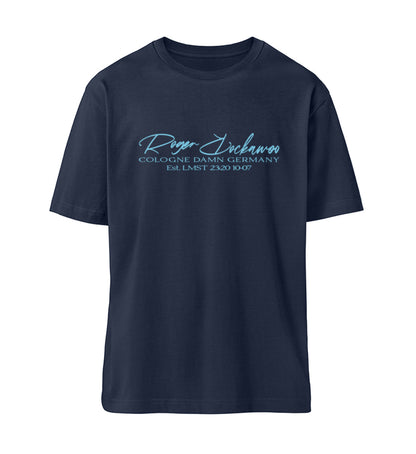 French Navy Blue farbiges T-Shirt Unisex Relaxed Fit für Frauen und Männer bedruckt mit dem Design der Roger Rockawoo Kollektion surf shredding community