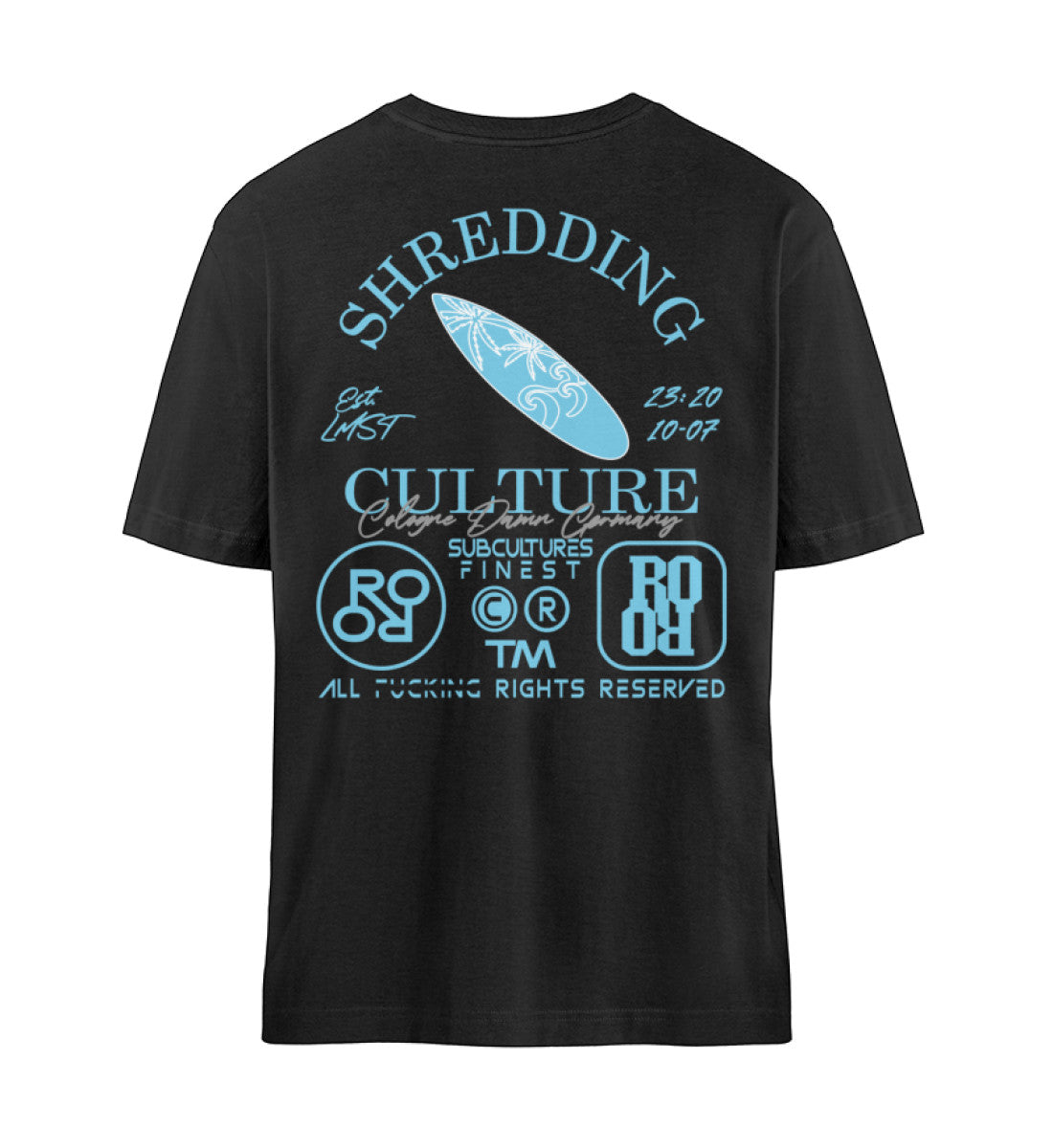 Schwarzes T-Shirt Unisex Relaxed Fit für Frauen und Männer bedruckt mit dem Design der Roger Rockawoo Kollektion surf shredding community