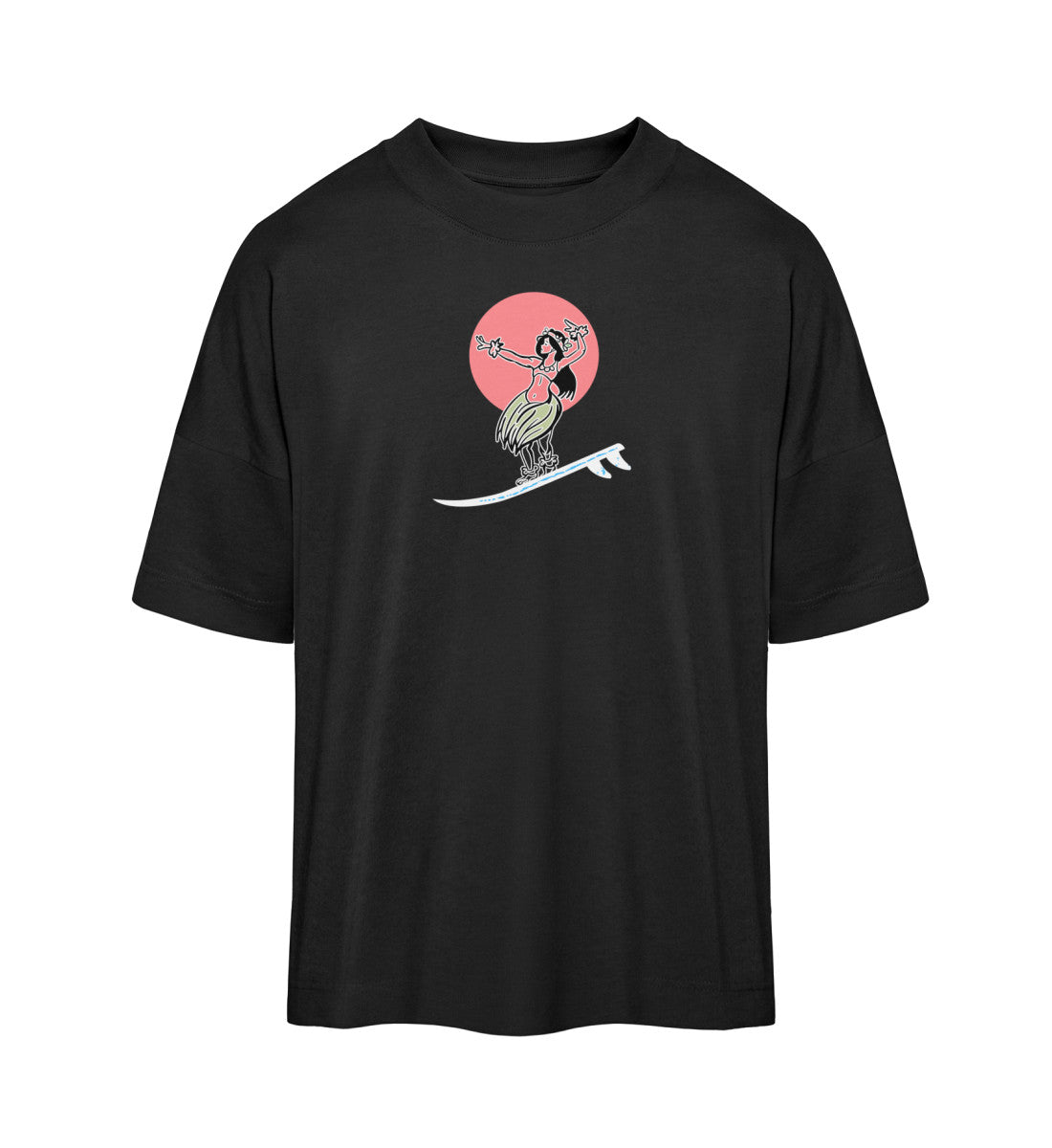 Schwarzes T-Shirt Unisex Oversize Fit für Frauen und Männer bedruckt mit dem Design der Roger Rockawoo Kollektion Surf where wet dreams become true
