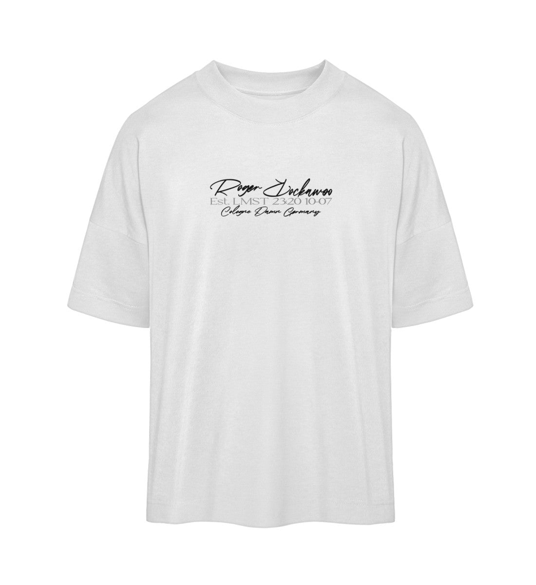 Weißes Oversize T-Shirt für Frauen und Männer bedruckt mit dem Design der Roger Rockawoo Kollektion Surf where wet dreams become true