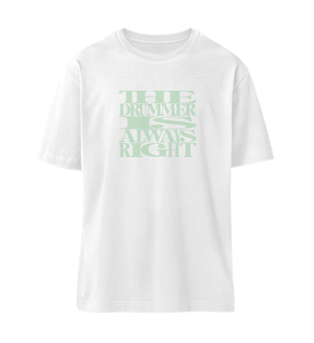 Weißes T-Shirt Unisex für Damen und Herren bedruckt in schwarz mit dem Design The Drummer is always wrong aus der Rocknroll never lies Kollektion und dem Logo Schriftzug von Roger Rockawoo Clothing