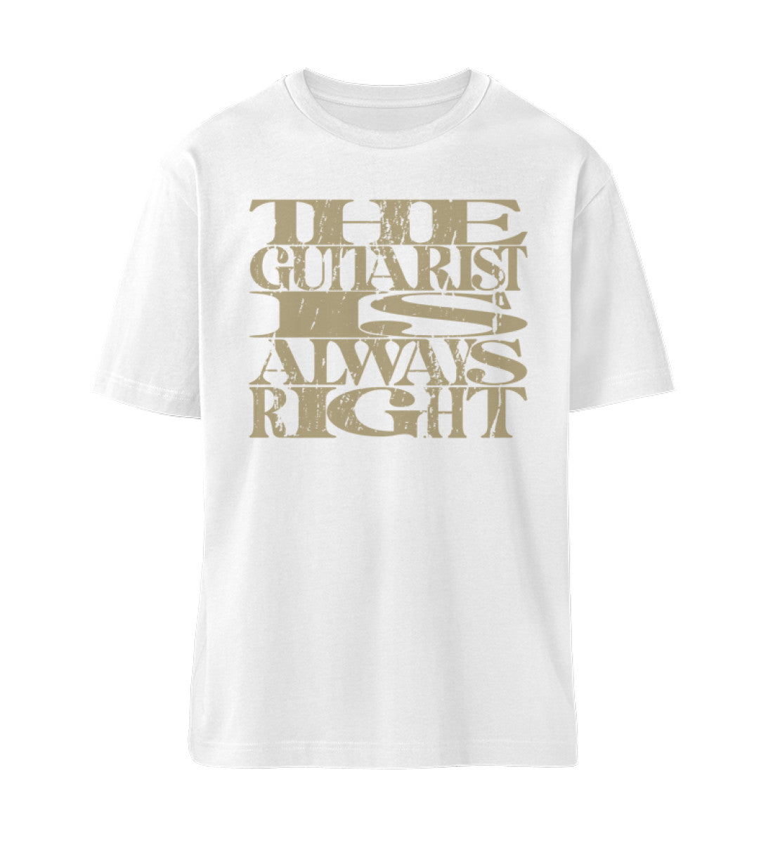 Weißes T-Shirt Unisex Relaxed Fit für Frauen und Männer bedruckt mit dem Design der Roger Rockawoo Clothing Kollektion the guitarist is always right
