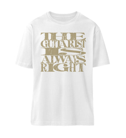 Weißes T-Shirt Unisex Relaxed Fit für Frauen und Männer bedruckt mit dem Design der Roger Rockawoo Clothing Kollektion the guitarist is always right