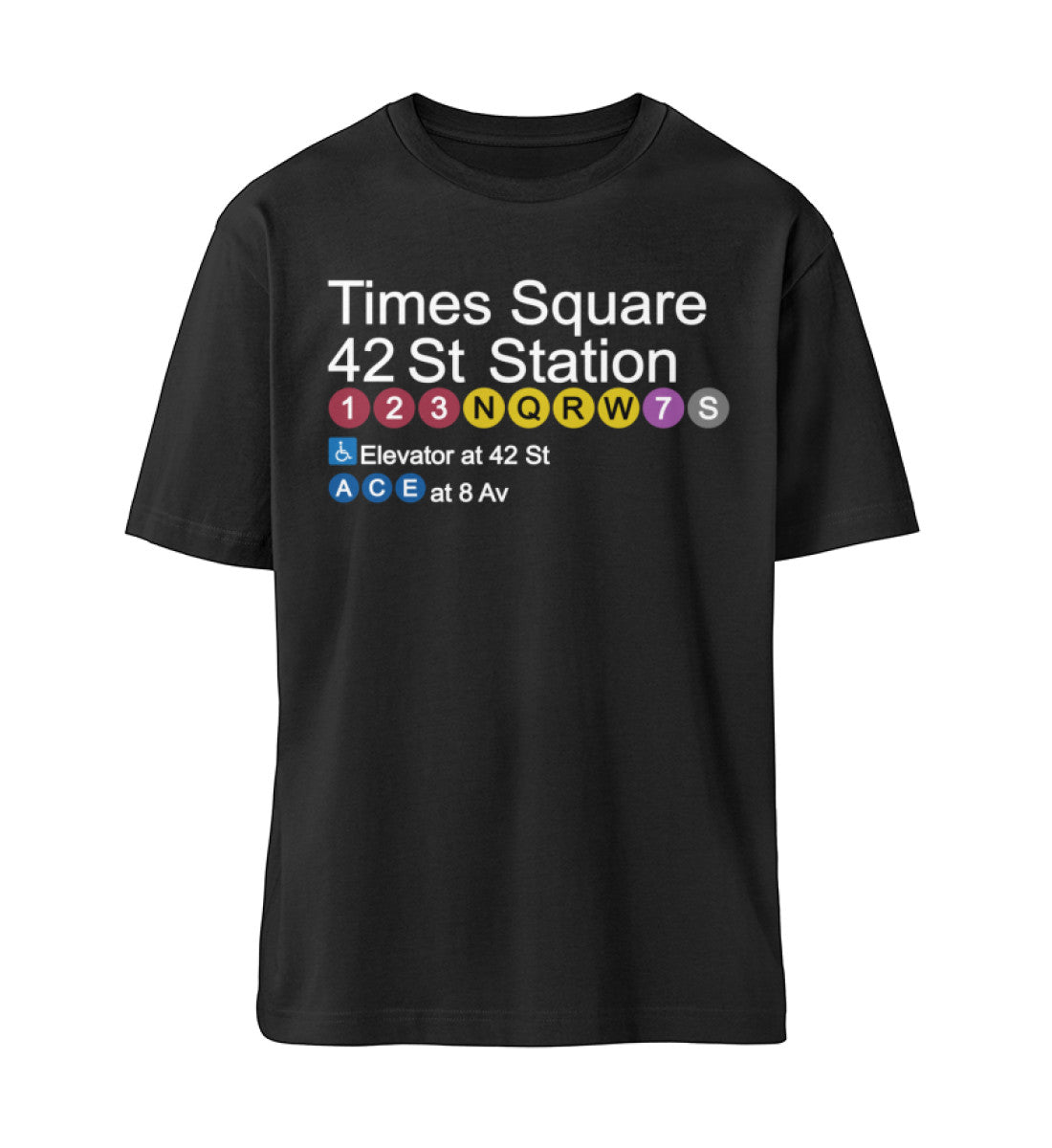 Schwarzes T-Shirt Unisex Relaxed Fit für Frauen und Männer bedruckt mit dem Design der Roger Rockawoo Kollektion Timesquare Time is square