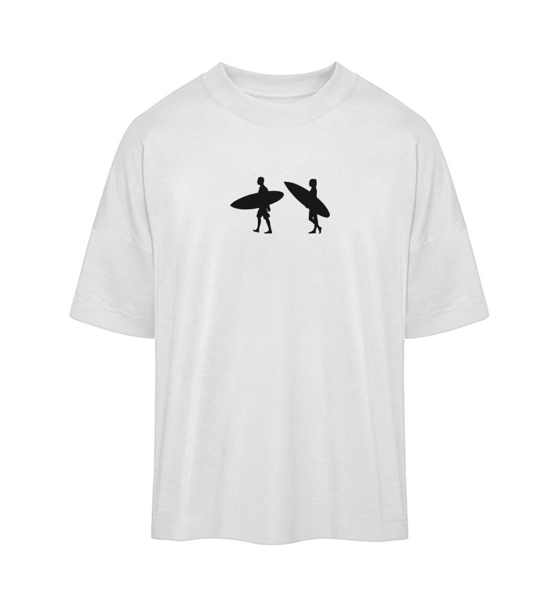 Weißes T-Shirt Unisex Oversize Fit für Frauen und Männer bedruckt mit dem Design der Roger Rockawoo Kollektion tiny surfer