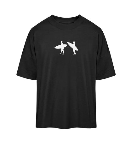 Schwarzes T-Shirt Unisex Oversize Fit für Frauen und Männer bedruckt mit dem Design der Roger Rockawoo Kollektion tiny surfer