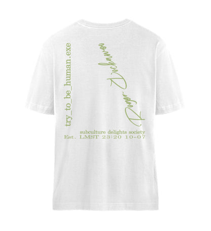 Weißes T-Shirt Unisex Relaxed Fit für Frauen und Männer bedruckt mit dem Design der Roger Rockawoo Kollektion Try To Be Human