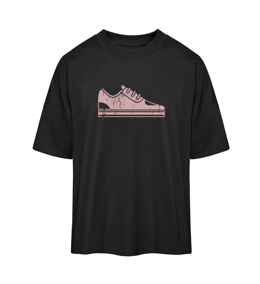Schwarzes T-Shirt Unisex Oversize Fit für Frauen und Männer bedruckt mit dem Design der Roger Rockawoo Clothing Vintage Sneaker