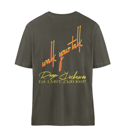 Khaki T-Shirt Relaxed Fit Unisex für Damen und Herren bedruckt mit Print Design Aufdruck der Walk your Talk Collection im Roger Rockawoo Clothing Webstore Subcultures Finest