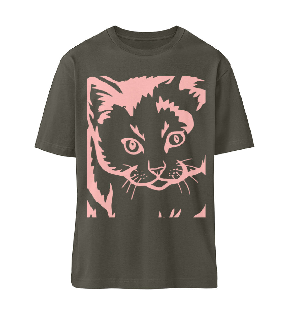 Khaki T-Shirt Unisex Relaxed Fit für Frauen und Männer bedruckt mit dem Design der Roger Rockawoo Clothing Kollektion we are not alone Katze