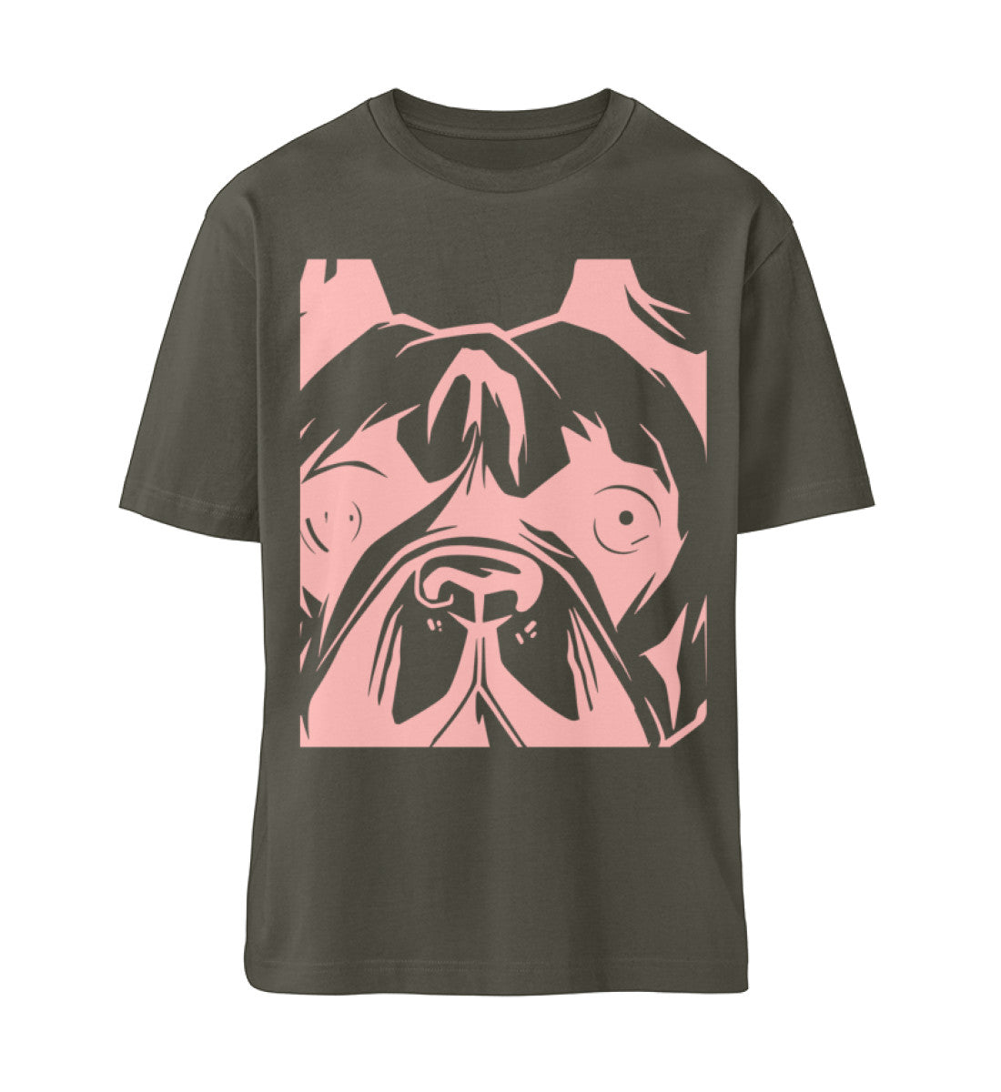 Khaki T-Shirt Unisex Relaxed Fit für Frauen und Männer bedruckt mit dem Design der Roger Rockawoo Clothing Kollektion we are not alone french bulldogge
