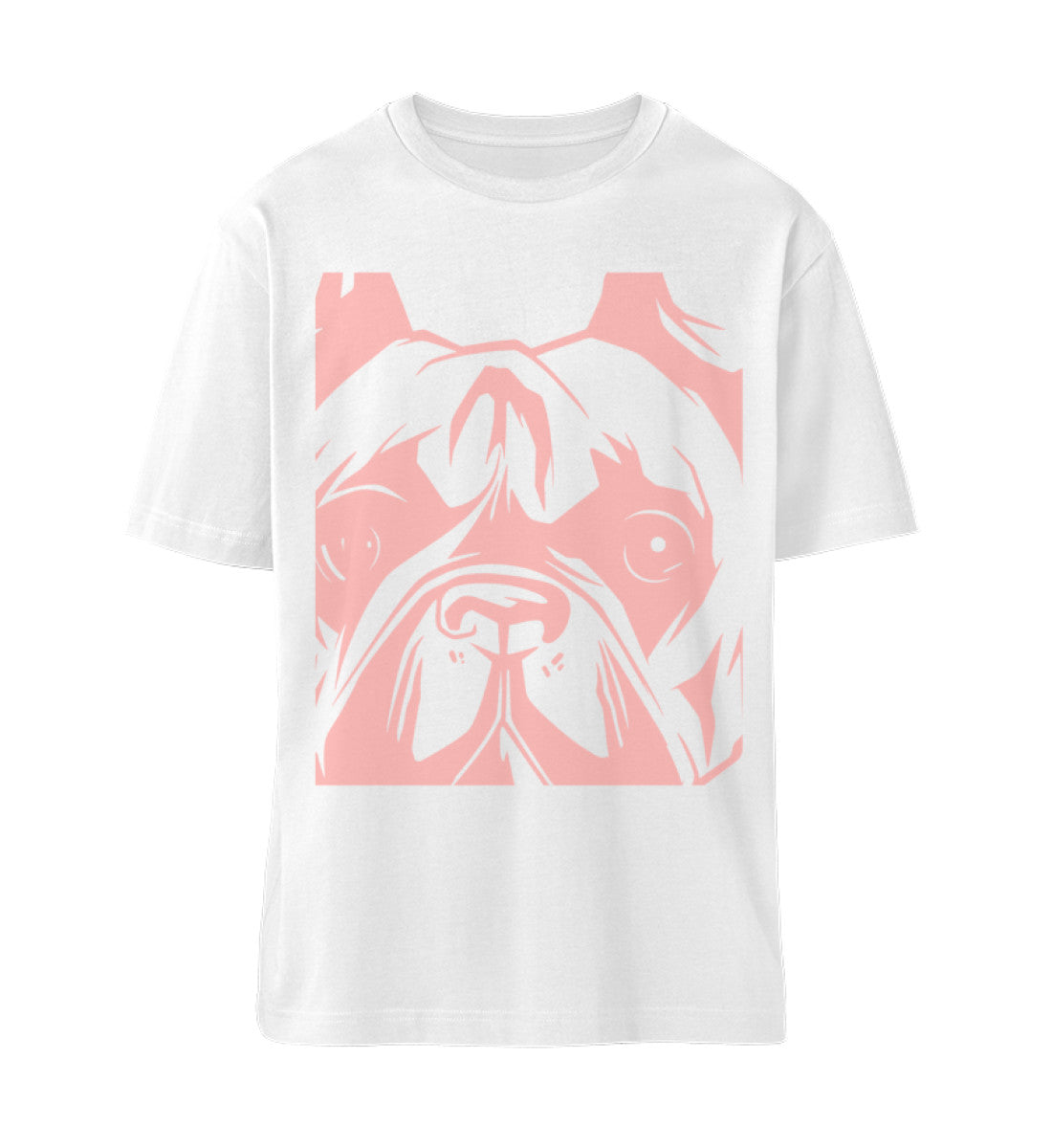 Weißes T-Shirt Unisex Relaxed Fit für Frauen und Männer bedruckt mit dem Design der Roger Rockawoo Clothing Kollektion we are not alone french bulldogge