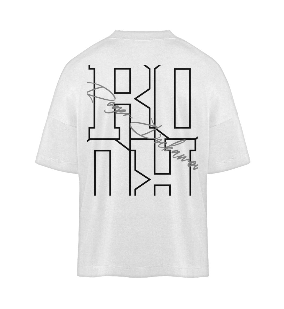 Weißes T-Shirt Unisex Oversize Fit für Frauen und Männer bedruckt mit dem Design der Roger Rockawoo Kollektion Schäferhund we are not alone