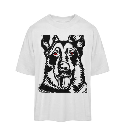 Weißes T-Shirt Unisex Oversize Fit für Frauen und Männer bedruckt mit dem Design der Roger Rockawoo Kollektion Schäferhund we are not alone