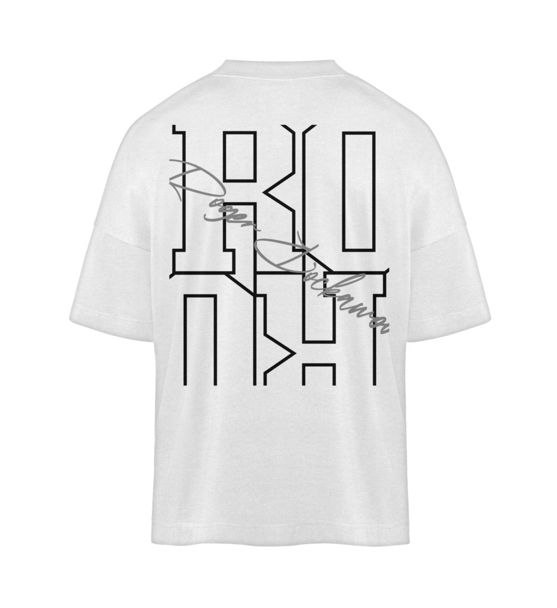 Weißes T-Shirt Unisex Oversize Fit für Frauen und Männer bedruckt mit dem Design der Roger Rockawoo Kollektion Bullterrier we are not alone