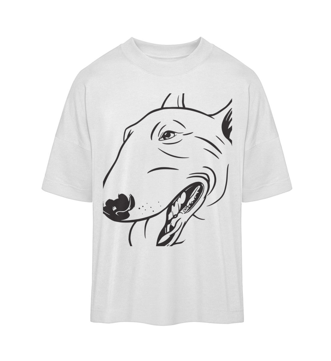 Weißes T-Shirt Unisex Oversize Fit für Frauen und Männer bedruckt mit dem Design der Roger Rockawoo Kollektion Bullterrier we are not alone
