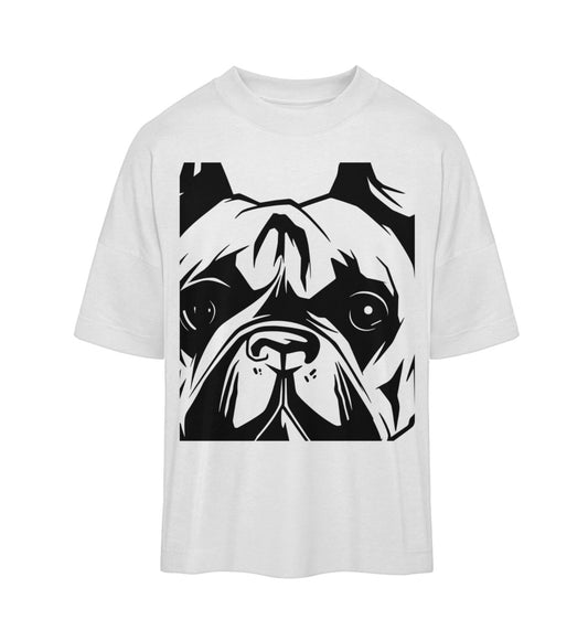 Weißes T-Shirt Unisex Oversize Fit für Frauen und Männer bedruckt mit dem Design der Roger Rockawoo Kollektion französische Bulldogge we are not alone