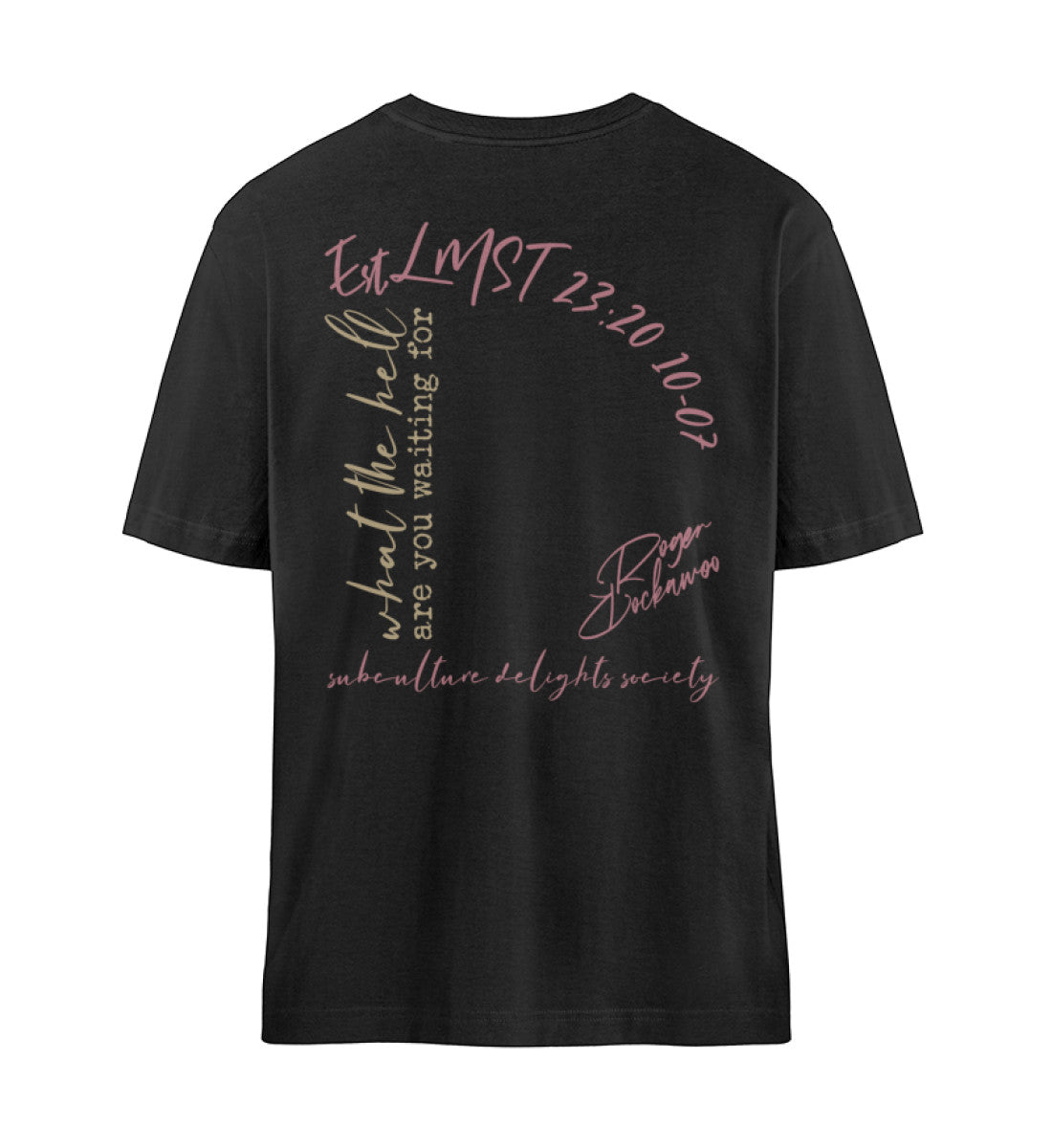 Schwarzes T-Shirt Unisex Relaxed Fit für Frauen und Männer bedruckt mit dem Design der Roger Rockawoo Clothing Kollektion what the hell are you waiting for
