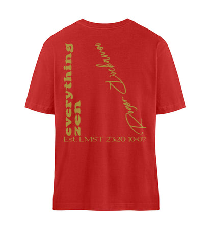 Rotes T-Shirt Unisex für Damen und Herren bedruckt mit dem Design der Yoga Everything Zen Kollektion und dem Logo Schriftzug von Roger Rockawoo Clothing