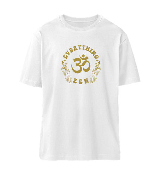 Weißes T-Shirt Unisex für Damen und Herren bedruckt mit dem Design der Yoga Everything Zen Kollektion und dem Logo Schriftzug von Roger Rockawoo Clothing