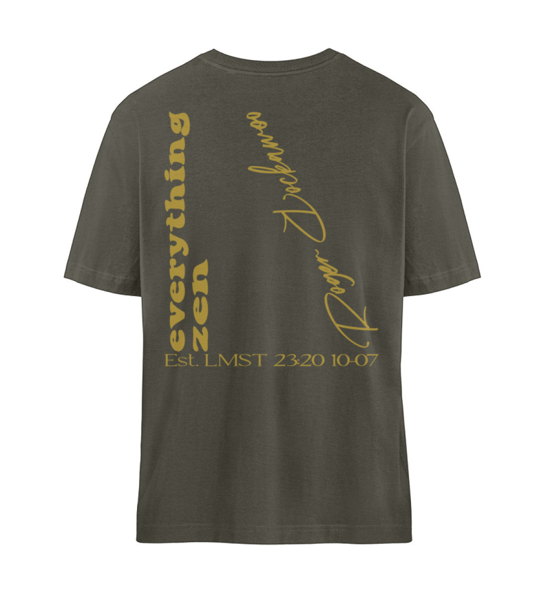Khaki T-Shirt Unisex für Damen und Herren bedruckt mit dem Design der Yoga Everything Zen Kollektion und dem Logo Schriftzug von Roger Rockawoo Clothing