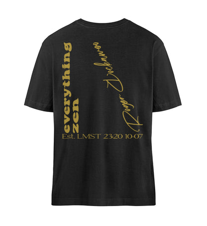 Schwarzes T-Shirt Unisex für Damen und Herren bedruckt mit dem Design der Yoga Everything Zen Kollektion und dem Logo Schriftzug von Roger Rockawoo Clothing