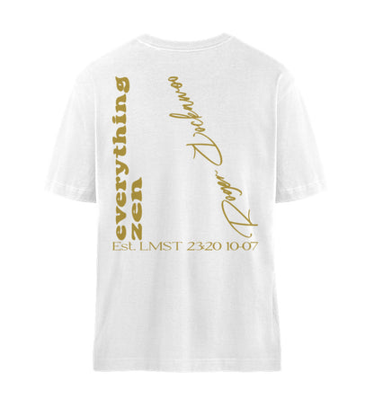 Weißes T-Shirt Unisex für Damen und Herren bedruckt mit dem Design der Yoga Everything Zen Kollektion und dem Logo Schriftzug von Roger Rockawoo Clothing