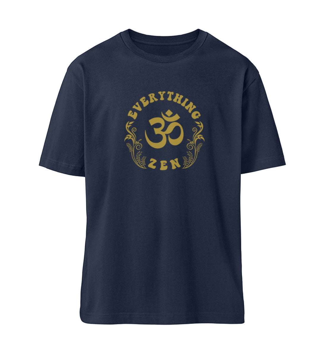 French Navy Blue T-Shirt Unisex für Damen und Herren bedruckt mit dem Design der Yoga Everything Zen Kollektion und dem Logo Schriftzug von Roger Rockawoo Clothing