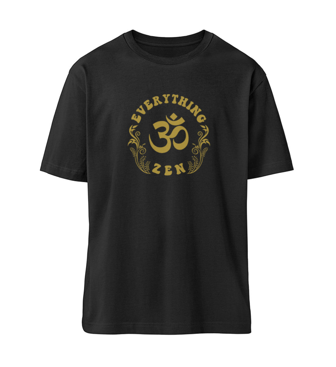 Schwarzes T-Shirt Unisex für Damen und Herren bedruckt mit dem Design der Yoga Everything Zen Kollektion und dem Logo Schriftzug von Roger Rockawoo Clothing