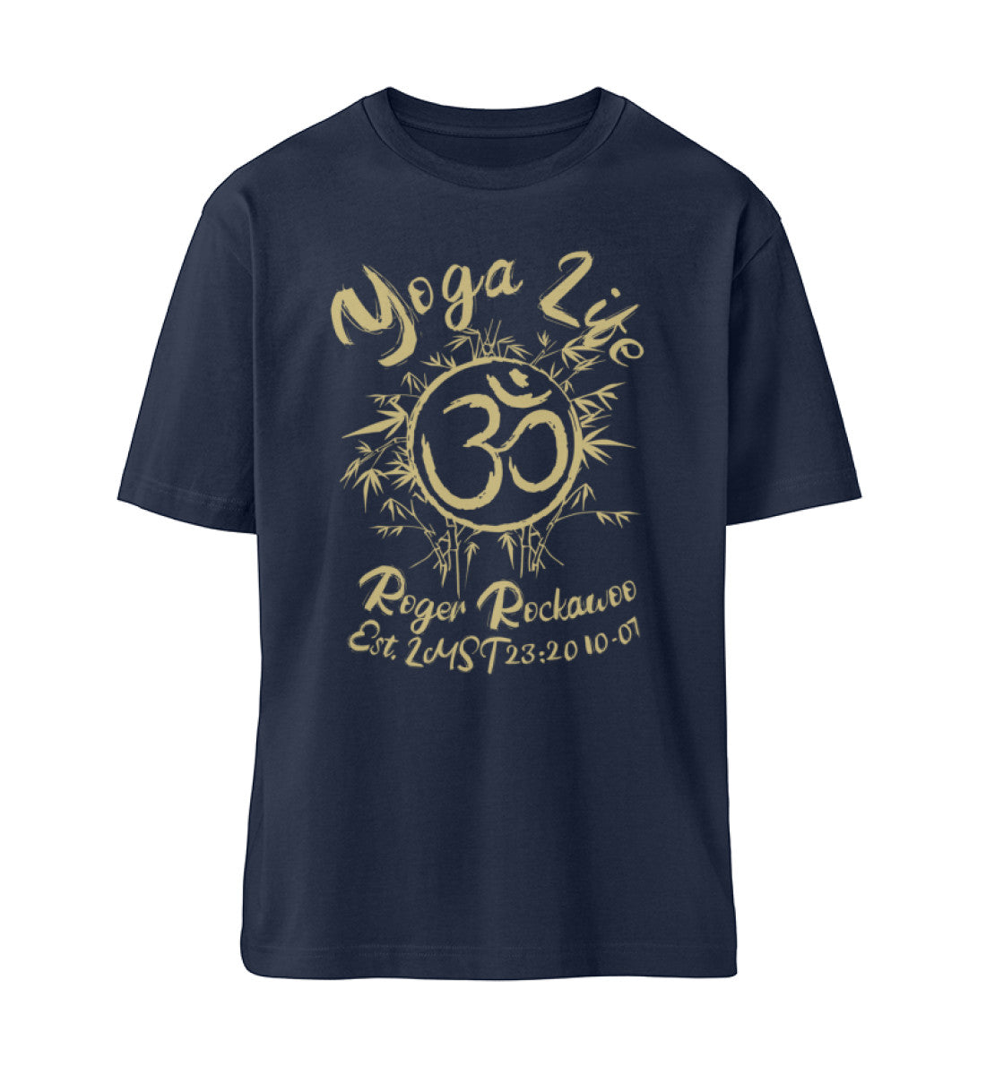 French Navy Blue T-Shirt Unisex für Damen und Herren im Relaxed Fit bedruckt mit dem Design der Yoga Life Kollektion von Roger Rockawoo