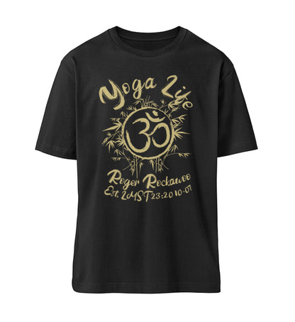 Schwarzes T-Shirt Unisex für Damen und Herren im Relaxed Fit bedruckt mit dem Design der Yoga Life Kollektion von Roger Rockawoo