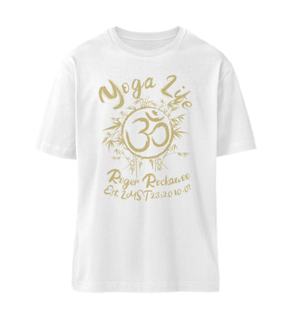 Weißes T-Shirt Unisex für Damen und Herren im Relaxed Fit bedruckt mit dem Design der Yoga Life Kollektion von Roger Rockawoo