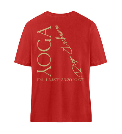 Rotes T-Shirt Unisex für Damen und Herren im Relaxed Fit bedruckt mit dem Design der Yoga Kollektion von Roger Rockawoo