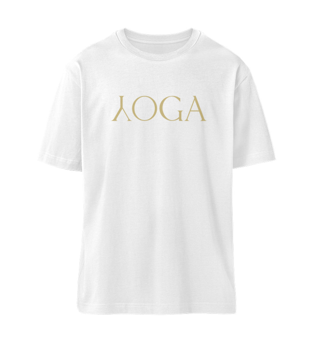 Weißes T-Shirt Unisex für Damen und Herren im Relaxed Fit bedruckt mit dem Design der Yoga Kollektion von Roger Rockawoo