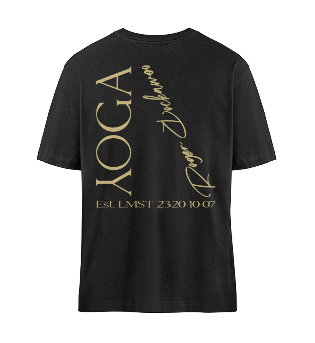 Schwarzes T-Shirt Unisex für Damen und Herren im Relaxed Fit bedruckt mit dem Design der Yoga Kollektion von Roger Rockawoo