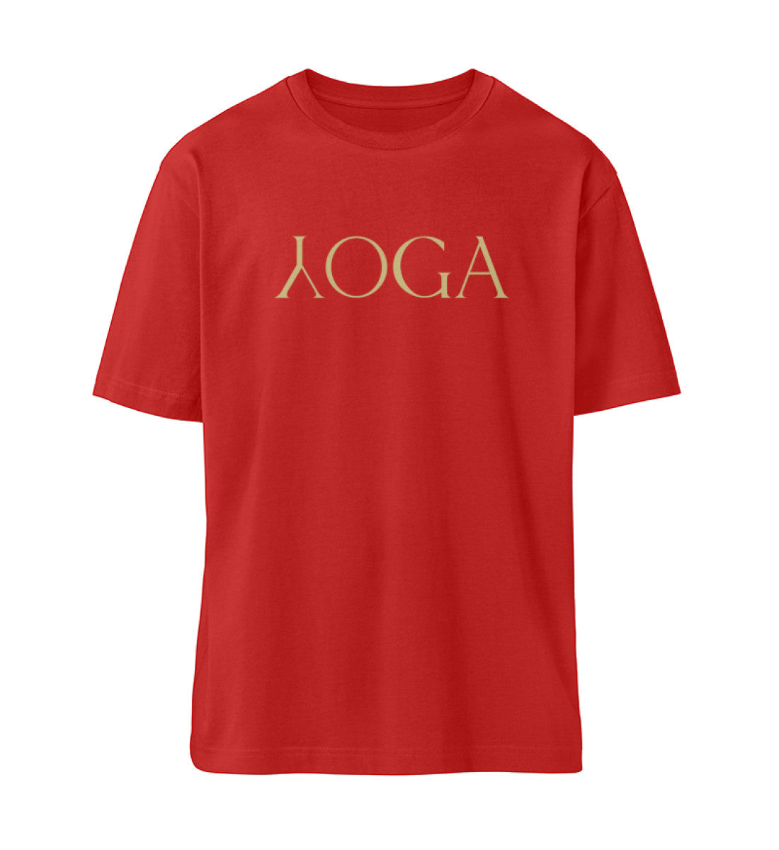Rotes T-Shirt Unisex für Damen und Herren im Relaxed Fit bedruckt mit dem Design der Yoga Kollektion von Roger Rockawoo